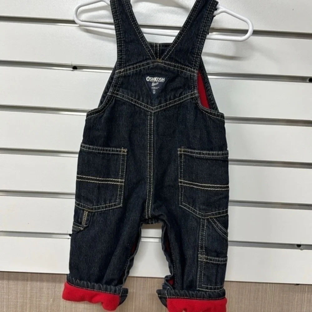 OshKosh‎ B’Gosh veatbak red fleece lined denim jean bib overalls 6mos